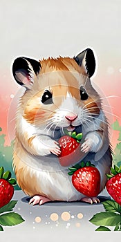 Hamsters sharing strawberries in a bowl. Generative AI