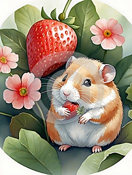 Hamsters sharing strawberries in a bowl. Generative AI