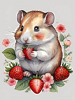 Hamsters sharing strawberries in a bowl. Generative AI