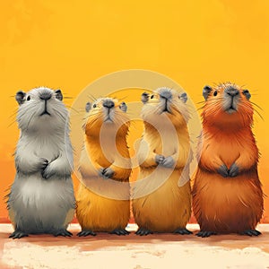Hamsters standing in a row on an orange background. photo