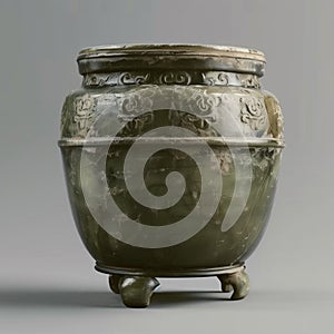 Han Dynasty pottery storage jar with three feet, green glaze.