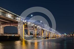 Han river with Banpo Bridge Rainbow Fountain in Seoul, Korea (long exposure)