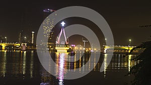 Han river bridge in Danang is opening in the evening ligtining