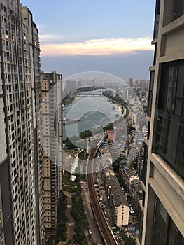 Han river between buildings Wuhan China