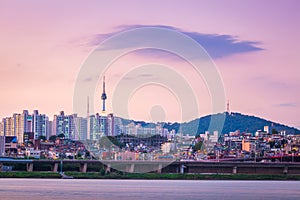 Han River in the evening and n seoul tower behind, seoul, south korea