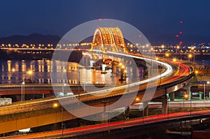 Han river with Seongsan bridge at night in Seoul, Korea (long exposure)