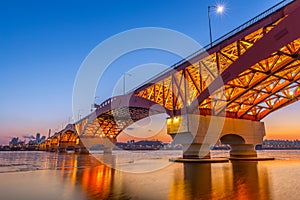 Han river with Seongsan bridge at night in Seoul, Korea/Seongsan Bridge at night/Han river with Seongsan bridge at night in Seoul