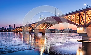 Han river with Seongsan bridge at night in Seoul, Korea/Seongsan Bridge at night/Han river with Seongsan bridge at night in Seoul