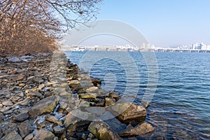 Han river and Seoul cityscape in winter in South Korea