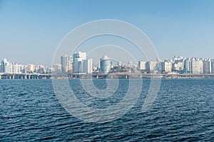 Han river and Seoul cityscape in winter in South Korea