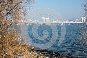 Han river and Seoul cityscape in winter in South Korea