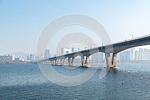 Han river and Seoul cityscape in winter in South Korea photo