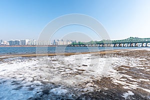 Han river and Seoul cityscape in winter in South Korea