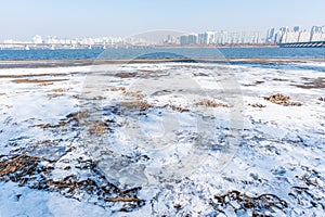 Han river and Seoul cityscape in winter in South Korea