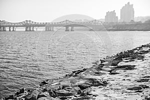 Han river and Seoul cityscape in winter in South Korea photo