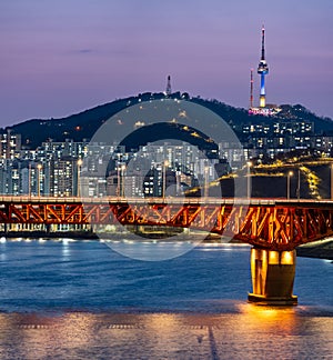 Han river and Seoul Tower on Namsan Mountain in central Seoul South Korea