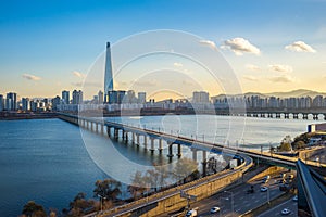 Han River with view of Seoul city skyline in Seoul city, South K