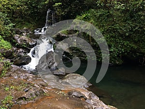 Hanakapiai Stream Close to Hanakapiai Falls on NaPali Coast along Kalalau Trail on Rainy and Misty Day on Kauai Island, Hawaii.
