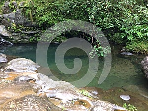 Hanakapiai Stream Close to Hanakapiai Falls on NaPali Coast along Kalalau Trail on Rainy and Misty Day on Kauai Island, Hawaii.