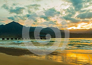 Hanalei Pier and Hanalei Bay at Sunset