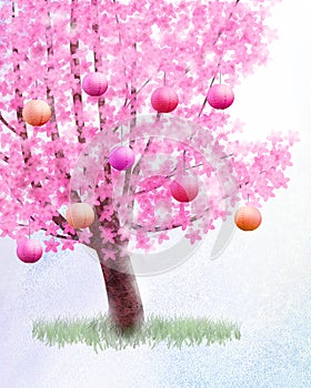 Hanami celebration with japanese lantern in a blooming cherrytree photo