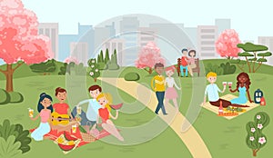 Hanami sakura festival, people on picnic in blossom trees park in spring, leisure in park flat cartoon vector