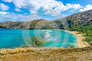 Hanauma Bay in Honolulu, Hawaii, a former volcanic crater