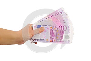 Hand with 500 euro banknotes (isolated)