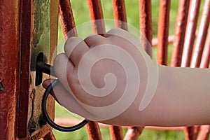 Hand of 6 years old boy unlocking old gate lock