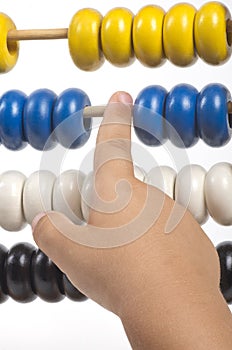 Hand and abacus isolated on white background