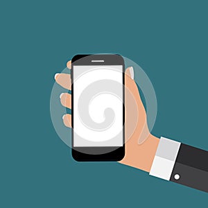 Hand with Abstract Mobile Phone Template in Modern Flat Style Ve