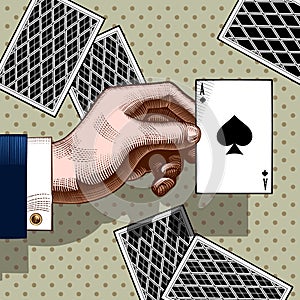 Hand with the ace of Spades playing card. Vintage color engraving stylized drawing.