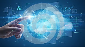 Hand Activating AI Brain Cloud Interface Artificial intelligence and futuristic cloud computing technology background