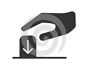 Hand activating a button with a downward arrow. Symbolizes initiation, download,submission, or process activation. Useful for web photo