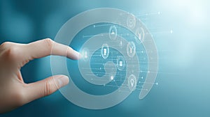 Hand activating digital interface, touching a button on modern interactive touchscreen display