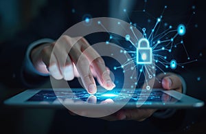 Hand activating digital lock security on tablet screen, representing data protection and network access control. Technology