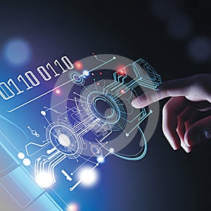 Hand Activating Futuristic Digital Display with Glowing Interface, Binary Data, and Abstract Tech