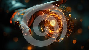Hand activating futuristic interface, dark background, tech concept