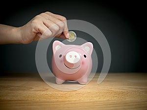 Hand add coin to piggy bank save coin, time and money concept