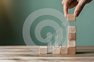 Hand adding block to growing stack with rising bar graph illustration on soft green background