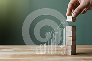 Hand adding block to growing stack with rising bar graph illustration on soft green background