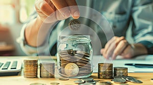 The hand adding coins.AI generated image photo