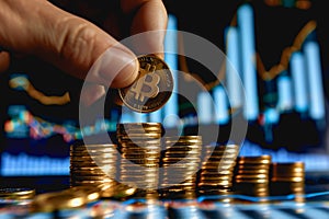 Hand adding gold coin to stack with bright upward trend line