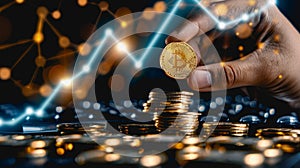 Hand adding gold coin to stack with bright upward trend line