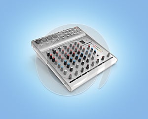 Hand adjusting audio mixer isolated on blue gradient background 3d render