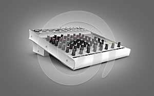 Hand adjusting audio mixer isolated on gray gradient background 3d render