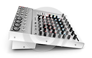 Hand adjusting audio mixer isolated on white background 3d render