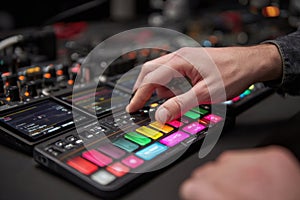 Hand adjusting controls on a colorful audio mixing console in a professional studio setting