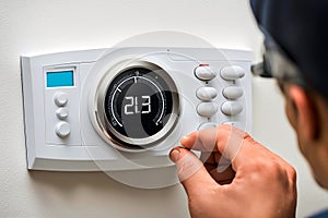 Hand adjusting indoor thermostat household climate control