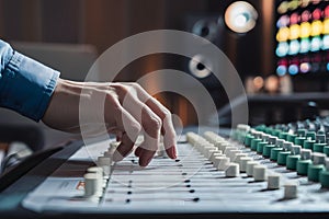Hand adjusting sound mixer knob in recording studio, audio engineering